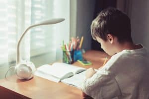 a boy doing homework as a part of his language course